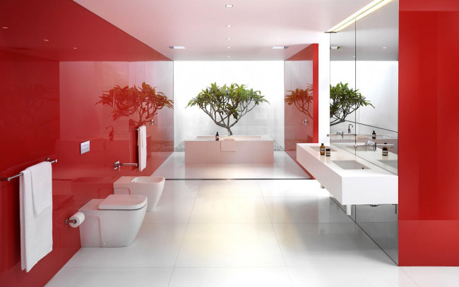 Обои картинки фото интерьер, ванная, туалетная, комнаты, красный, зеркала, белый, растение, отражение