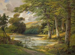 Картинка alois arnegger рисованные romantic forest landscape живопись пейзаж лес озеро лодка