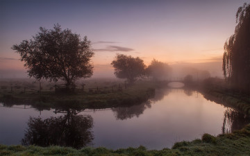 Картинка природа реки озера туман деревья утро пейзаж мост речка