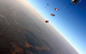 обоя skydiving, спорт, экстрим, парашютисты, небо, выброска, самолеты