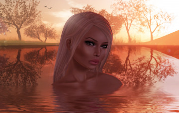 Картинка 3д графика portraits портрет вода закат девушка