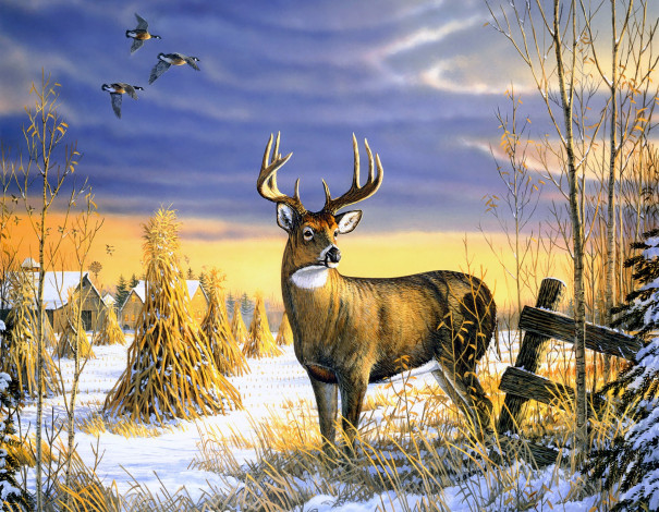 Обои картинки фото country, afternoon, рисованные, sam, timm, снег, олень, утки, поздняя, осень