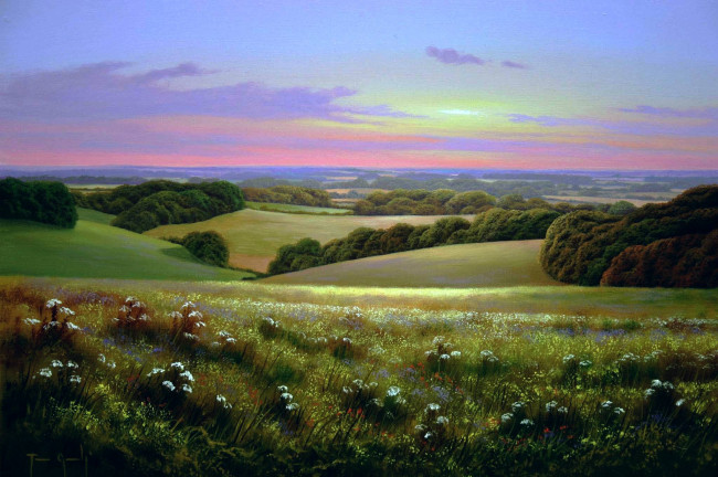 Обои картинки фото country, sunset, рисованные, terry, grundy, поляна, луг, закат, пейзаж