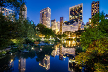 Картинка central park new york city города нью йорк сша ночной город здания отражение река манхэттен центральный парк manhattan
