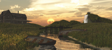 Картинка 3д графика nature landscape природа река лодки дом