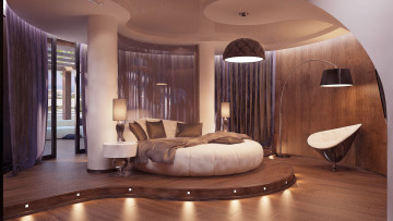 Картинка интерьер спальня занавески шторы лампы колонны кресло кровать стиль