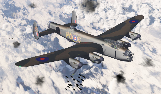 Обои картинки фото авиация, 3д, рисованые, graphic, самолет, облака, бомбы