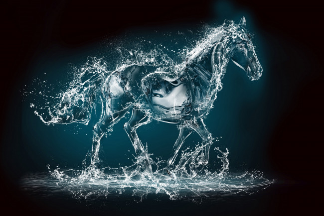 Обои картинки фото 3д, графика, animals, животные, брызги, вода, конь, лошадь