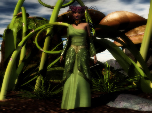 Обои картинки фото 3д графика, эльфы , elves, девушка, взгляд, фон, растения