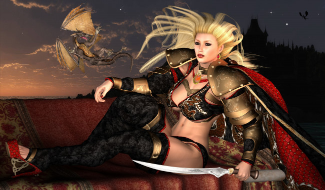 Обои картинки фото 3д графика, фантазия , fantasy, девушка, взгляд, фон, оружие, дракон