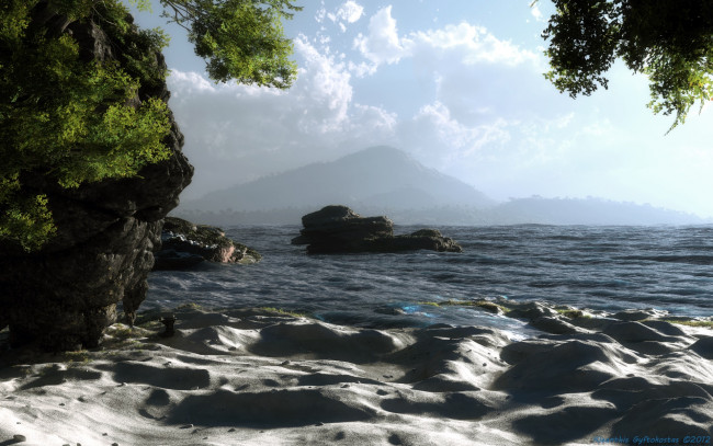 Обои картинки фото 3д графика, природа , nature, песок, море, скалы, горы, облака