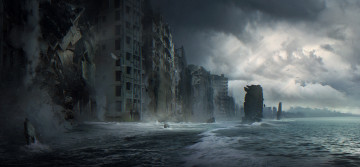 Картинка фэнтези иные+миры +иные+времена забвение разрушение море дома волны фантастика город