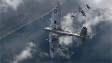 Картинка рисованное авиация побережье графика бомбордировщики арт битва за британию he-111 spitfire английский истребитель supermarine