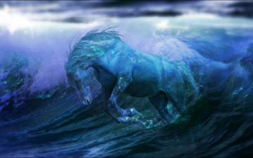 Картинка фэнтези существа волны вода horse water океан ocean фантастика лошадь fantasy