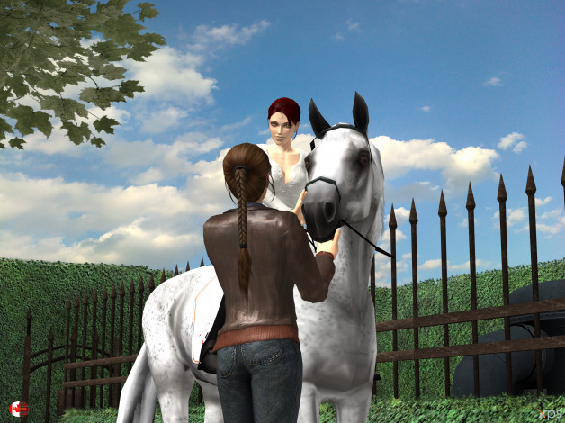 Обои картинки фото 3д графика, фантазия , fantasy, девушки, взгляд, фон, лошадь
