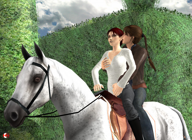 Обои картинки фото 3д графика, фантазия , fantasy, девушки, взгляд, фон, лошадь