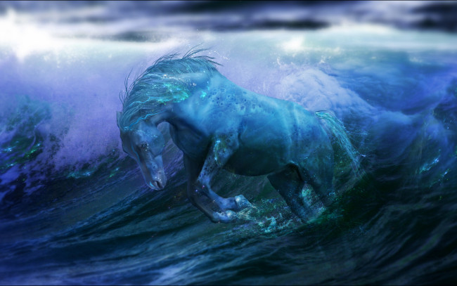 Обои картинки фото фэнтези, существа, волны, вода, horse, water, океан, ocean, фантастика, лошадь, fantasy