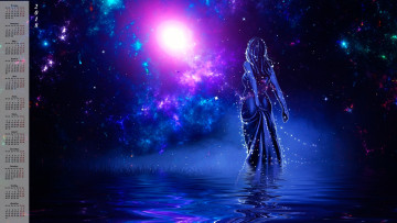 Картинка календари фэнтези водоем девушка огоньки луна ночь