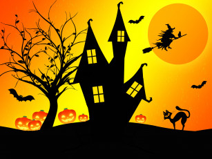 обоя праздничные, хэллоуин, дом, летучие, мыши, фон