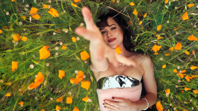 Обои картинки фото девушки, dakota johnson, шатенка, жест, поляна, трава, цветы