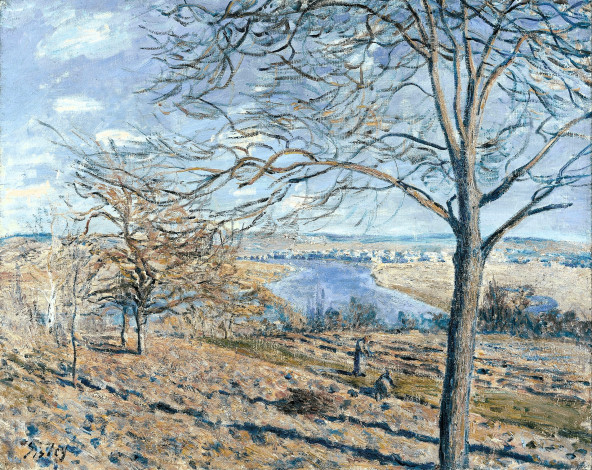 Обои картинки фото рисованное, alfred sisley, река, деревья, поля