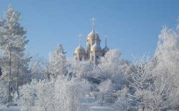 обоя города, православные, церкви, монастыри, зима, иней, деревья