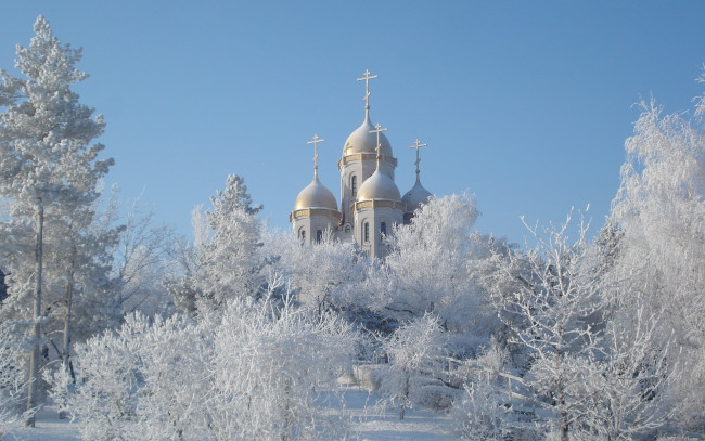 Обои картинки фото города, православные, церкви, монастыри, зима, иней, деревья