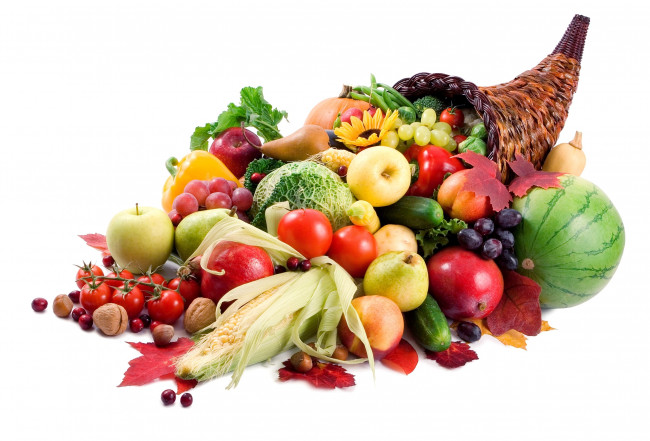 Обои картинки фото еда, фрукты, овощи, вместе, рог, изобилия, кукуруза, арбуз, помидоры, яблоки, томаты, початок