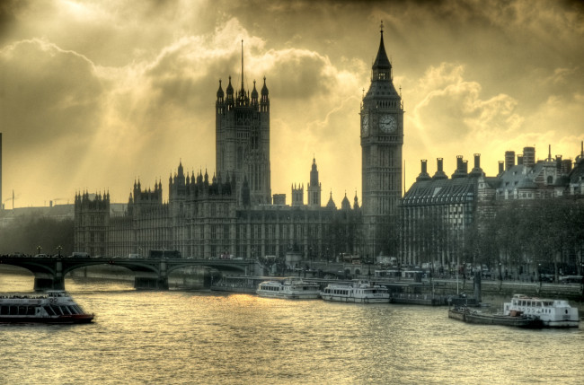 Обои картинки фото города, лондон, великобритания, корабли, биг, бен, парламент, темза, мост