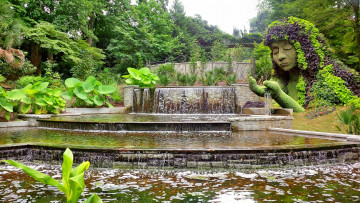 Картинка природа парк каскад статуя пруд трава деревья кустарник