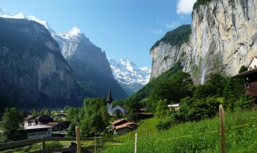 обоя швейцария, берн, лаутербруннен, города, пейзажи, дома, горы, деревья
