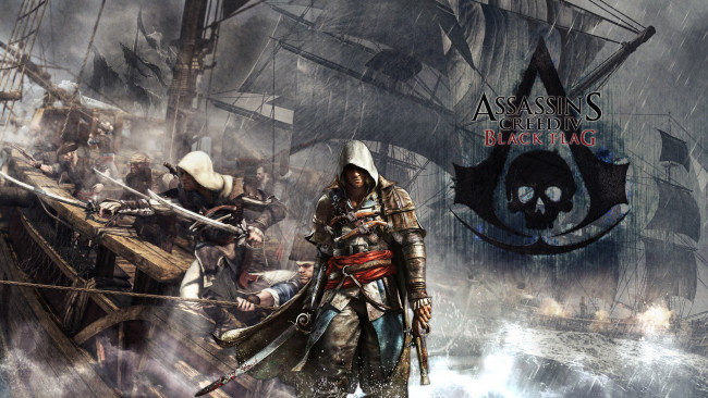 Обои картинки фото assassin`s, creed, видео, игры, iv, black, flag, воины, парусник, море