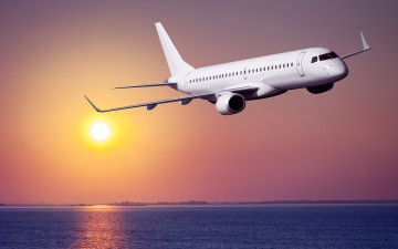 Картинка авиация 3д рисованые v-graphic побережье небо солнце рассвет авиалайнер море полет пассажирский самолет