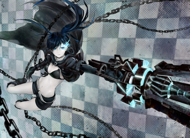 Обои картинки фото аниме, black rock shooter, оружие, девушка, цвет, цепь, арт, shouin, kuroi, mato, black, rock, shooter