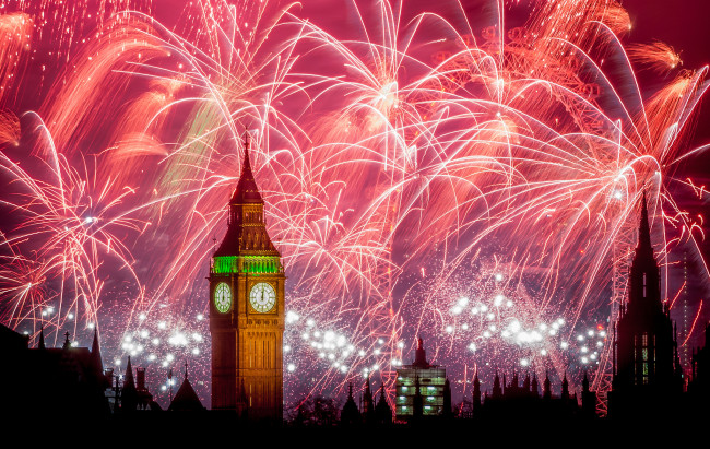 Обои картинки фото fireworks for london, города, лондон , великобритания, биг, бэн, ночь, фейерверк