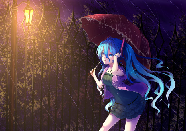 Обои картинки фото аниме, vocaloid, вокалоид, фонарь, ночь, зонт, дождь, удивление, hatsune, miku, девушка, art