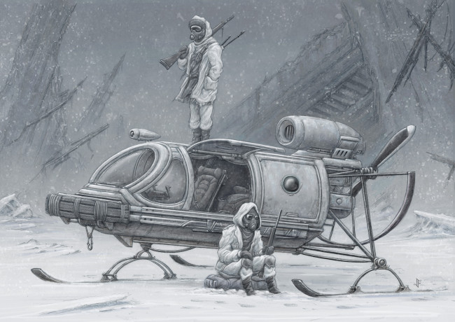 Обои картинки фото рисованное, армия, снегоход, оружие, люди