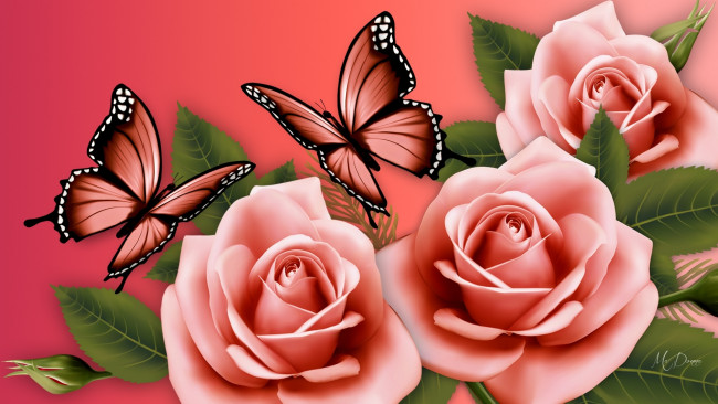 Обои картинки фото векторная графика, цветы , flowers, бабочки, фон, розы