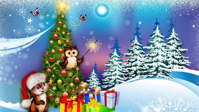 Обои картинки фото праздничные, векторная графика , новый год, подарки, снег, елка