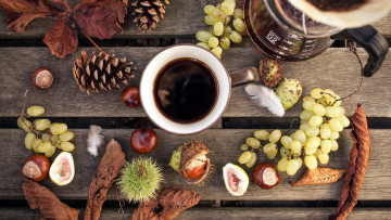 обоя еда, кофе,  кофейные зёрна, шишки, виноград, желуди, осень