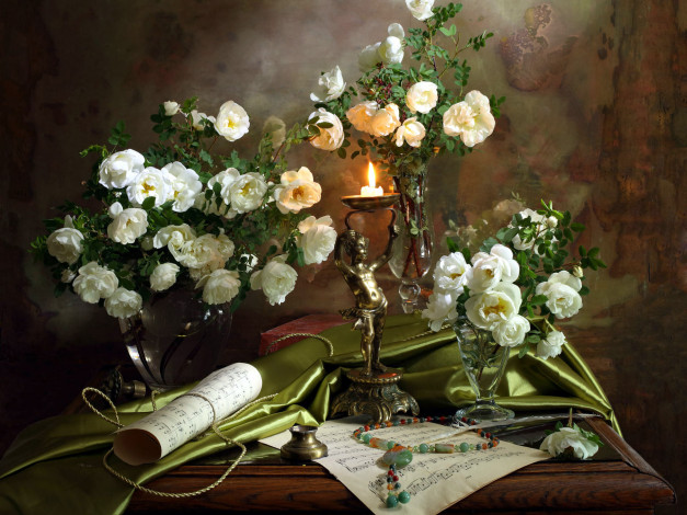 Обои картинки фото цветы, розы, ноты, белые, свеча