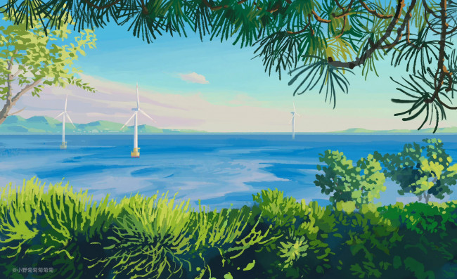 Обои картинки фото рисованное, природа, море, ветряки, деревья