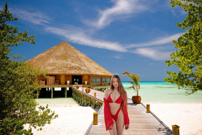 Обои картинки фото девушки, - рыжеволосые и разноцветные, тропики, море, бунгало, бикини