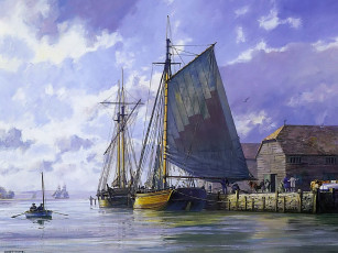 обоя geoff, hunt, lymington, quay, circa, 1790, корабли, рисованные