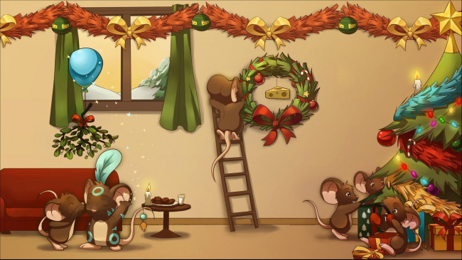 Обои картинки фото праздничные, рисованные, мыши, ёлка