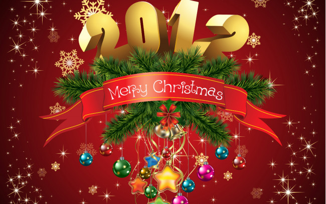 Обои картинки фото праздничные, векторная, графика, новый, год, снежинки, ёлка, счастливого, рождества, 2012, колокольчик, звезды, шары, лента, игрушки