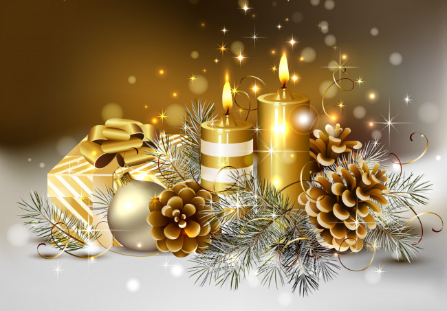 Обои картинки фото праздничные, векторная, графика, новый, год, подарок, свечи, шишки