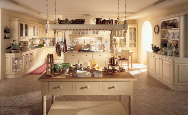 Обои картинки фото интерьер, кухня, стол, продукты, плита, посуда