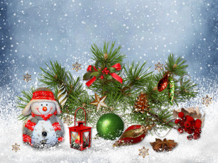 обоя праздничные, украшения, ель, снеговик, фонарь, мишура, ветка, шарики