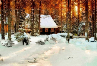 Картинка рисованные живопись зима дом деревья лес снег